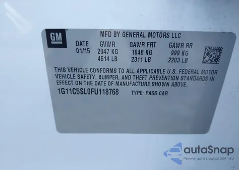 2015 Chevrolet Malibu 1Lt z USA, uszkodzony, nr VIN 1G11C5SL0FU118768